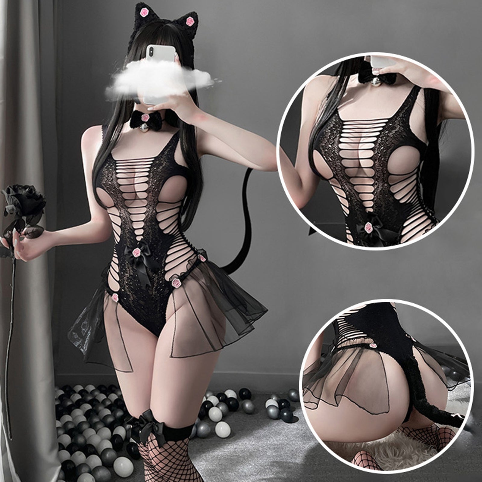 Neko Girl Costume Cute Cat Cosplay Lingerie Set Black Hollow Out Teddy Bodysuit
