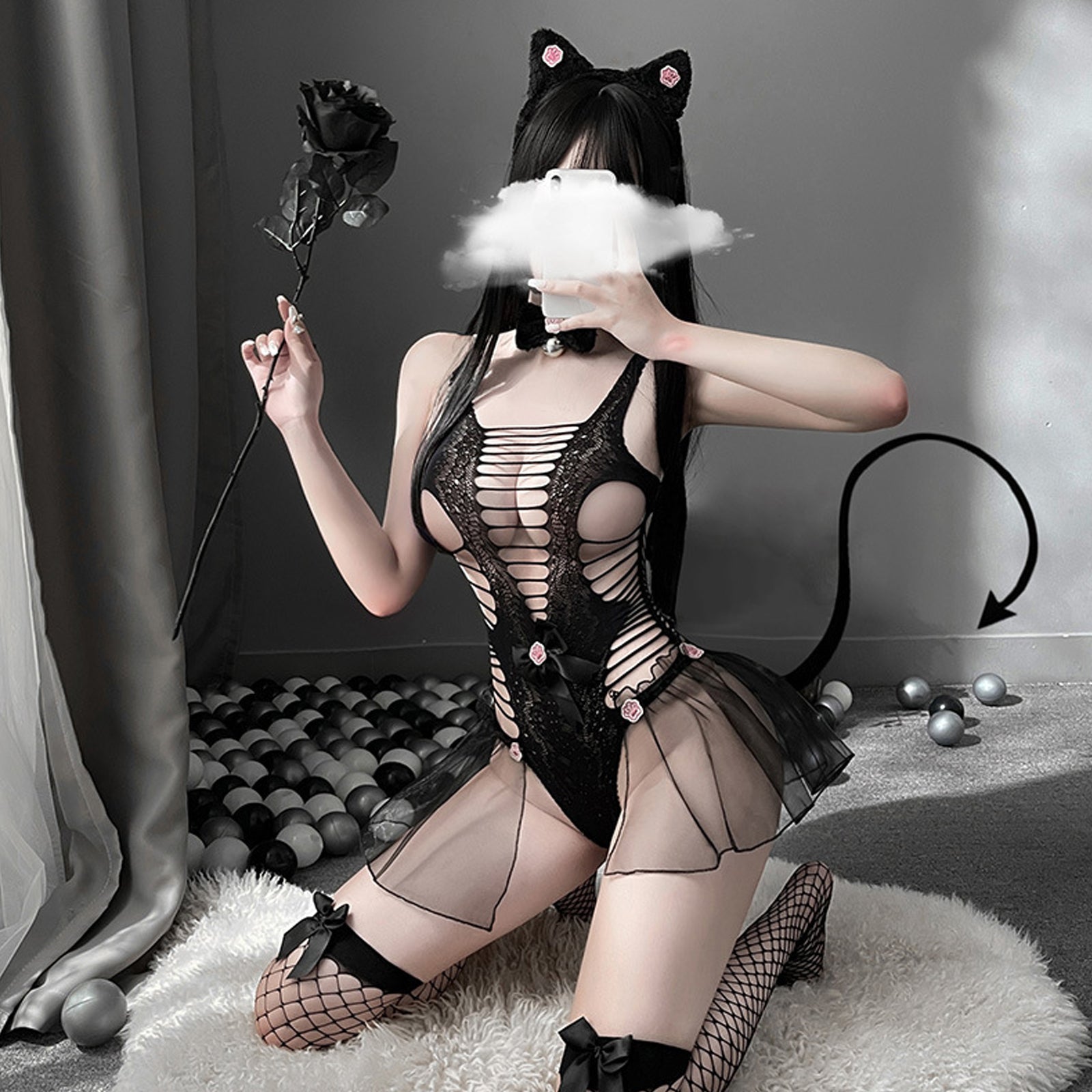 Neko Girl Costume Cute Cat Cosplay Lingerie Set Black Hollow Out Teddy Bodysuit