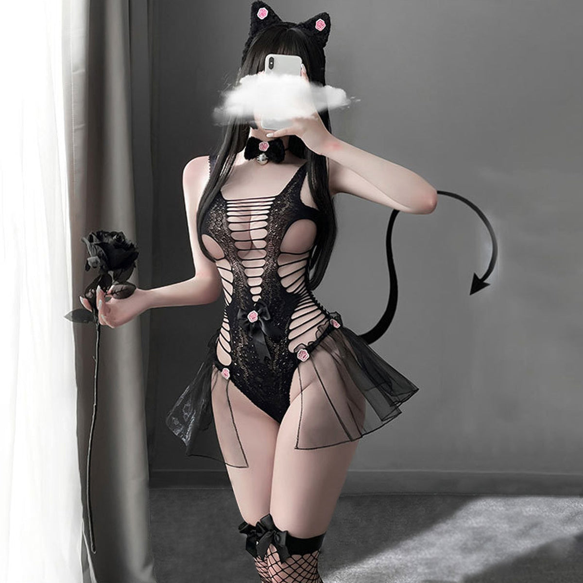 Neko Girl Costume Cute Cat Cosplay Lingerie Set Black Hollow Out Teddy Bodysuit