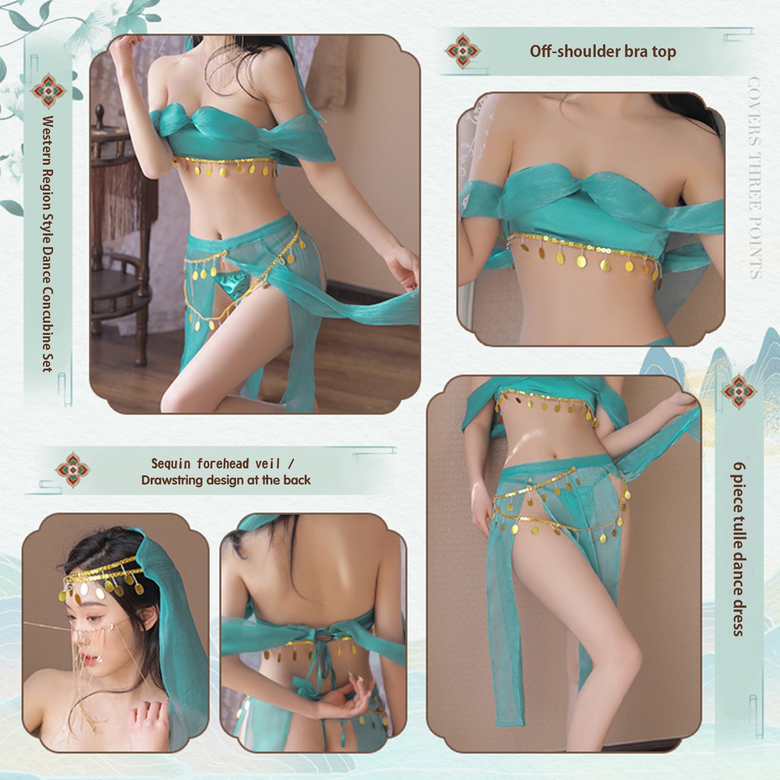 Oasis Princess Costume Arabian Erotic Lingerie Set Off Shoulder Tube Top with Slit Skirt