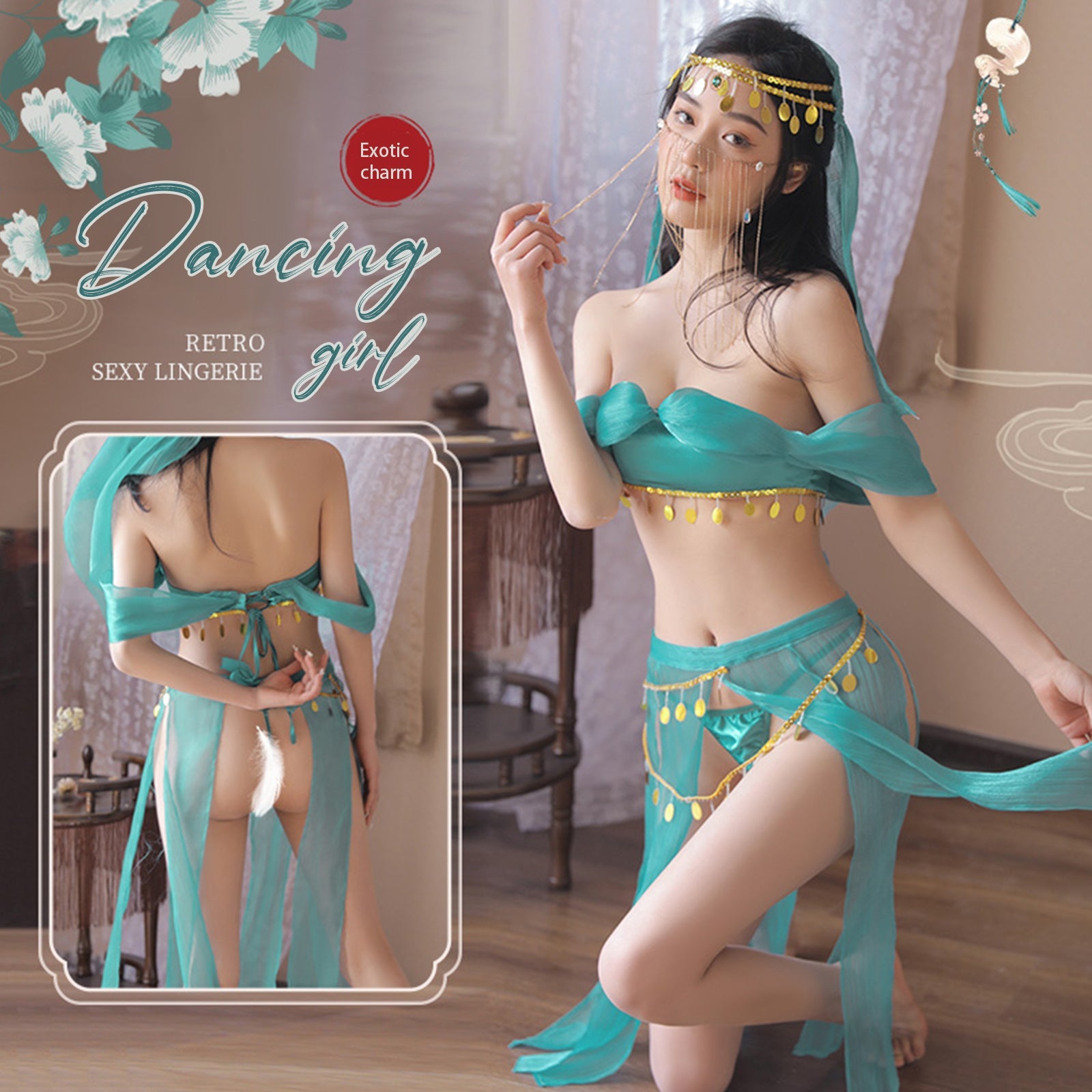 Oasis Princess Costume Arabian Erotic Lingerie Set Off Shoulder Tube Top with Slit Skirt