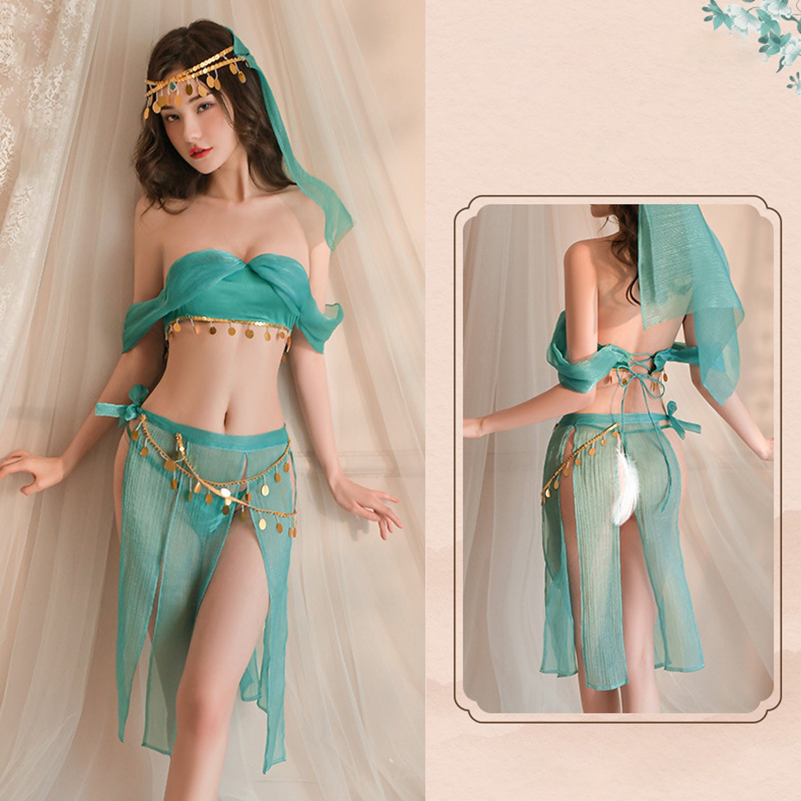 Oasis Princess Costume Arabian Erotic Lingerie Set Off Shoulder Tube Top with Slit Skirt