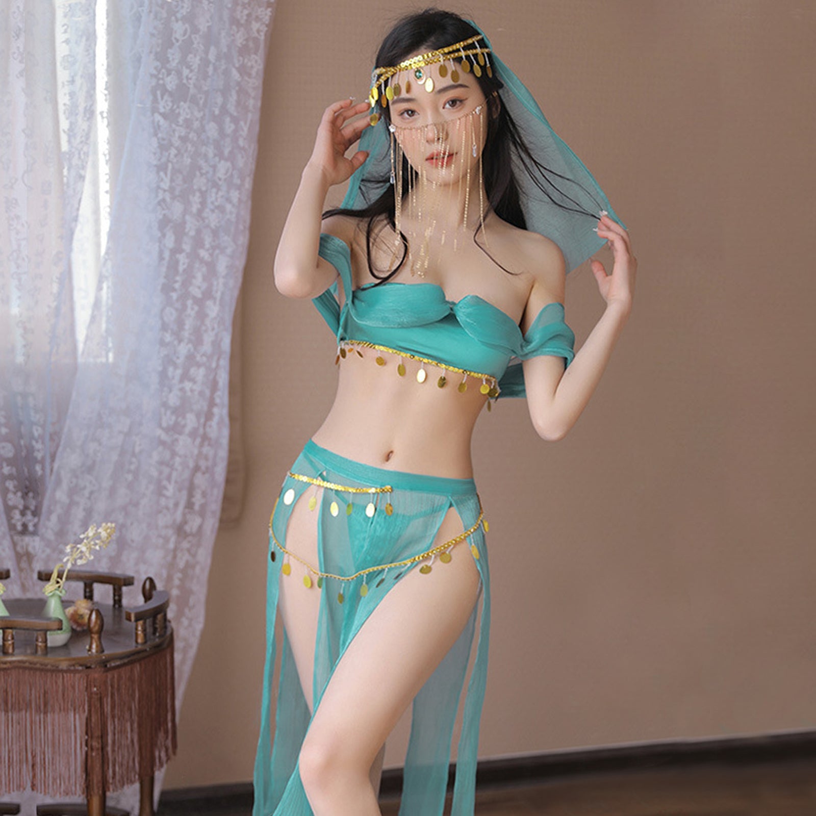 Oasis Princess Costume Arabian Erotic Lingerie Set Off Shoulder Tube Top with Slit Skirt