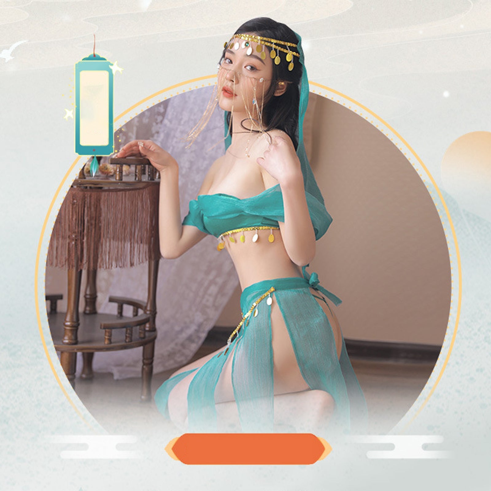 Oasis Princess Costume Arabian Erotic Lingerie Set Off Shoulder Tube Top with Slit Skirt