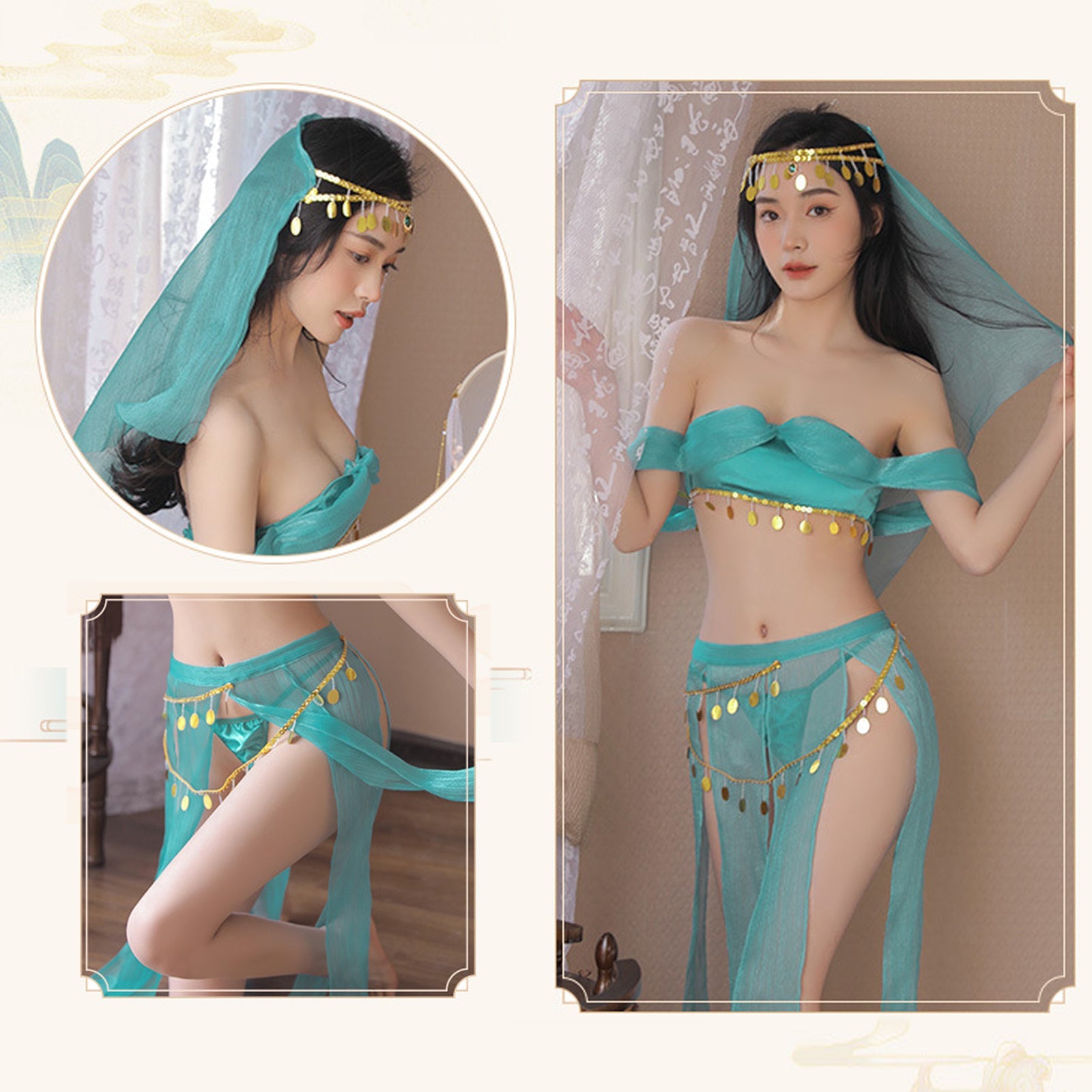 Oasis Princess Costume Arabian Erotic Lingerie Set Off Shoulder Tube Top with Slit Skirt