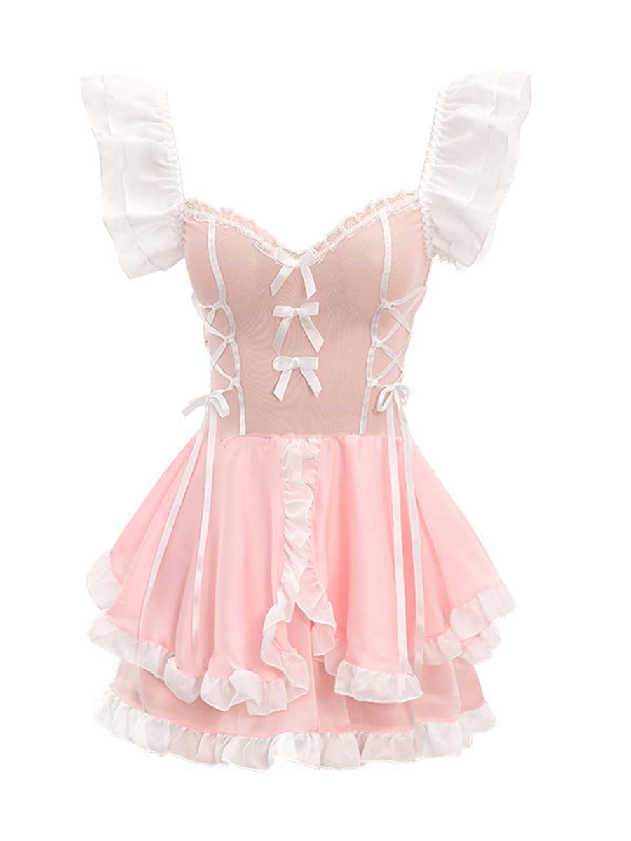 Princess Lingerie Dress Maid Outfit Pink Lolita Ruffled Babydoll Dress