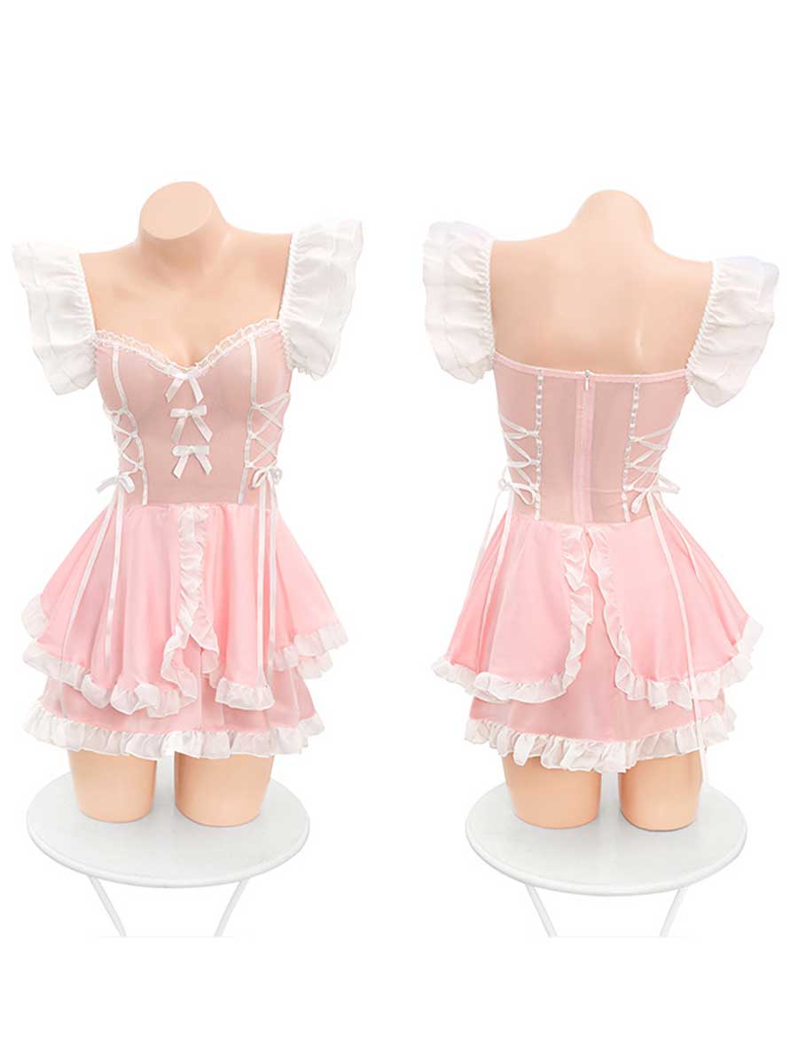 Princess Lingerie Dress Maid Outfit Pink Lolita Ruffled Babydoll Dress