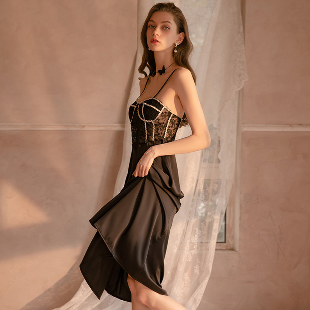 Satin Babydoll Dress Padded Cup Lace Nightgown for Women Negligee Midi Dress