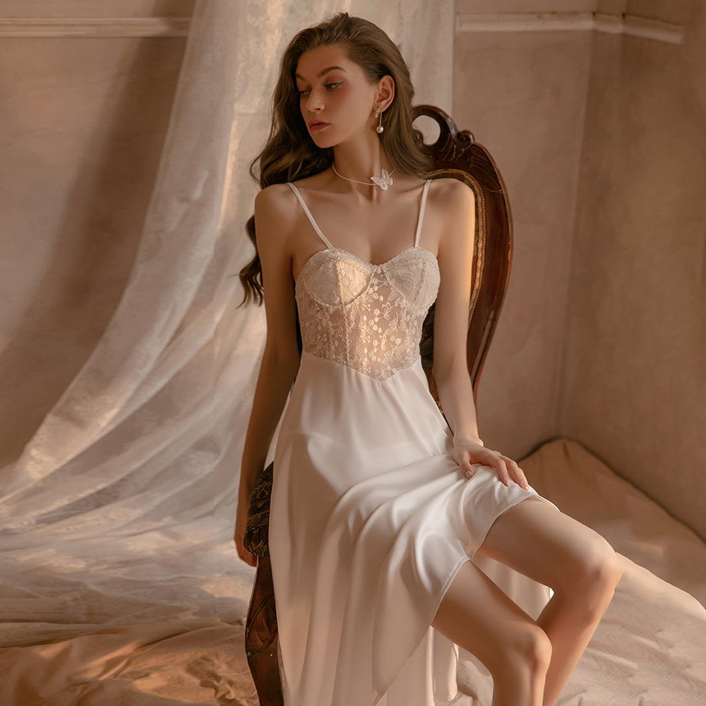 Satin Babydoll Dress Padded Cup Lace Nightgown for Women Negligee Midi Dress