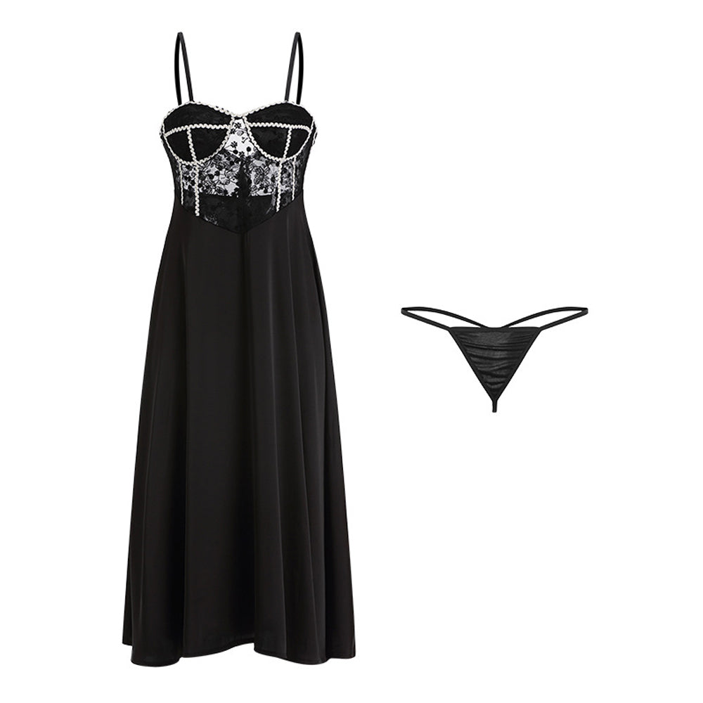Satin Babydoll Dress Padded Cup Lace Nightgown for Women Negligee Midi Dress