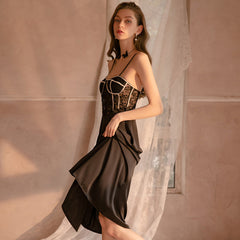 Satin Babydoll Dress Padded Cup Lace Nightgown for Women Negligee Midi Dress