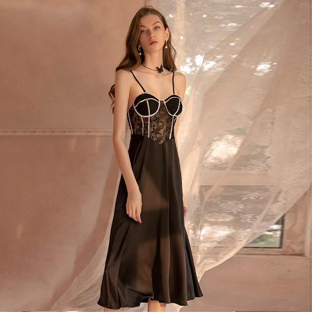 Satin Babydoll Dress Padded Cup Lace Nightgown for Women Negligee Midi Dress