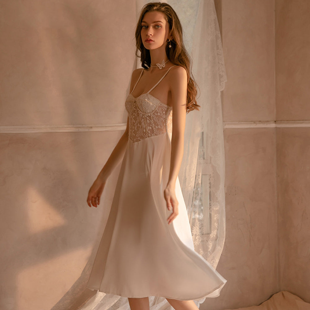 Satin Babydoll Dress Padded Cup Lace Nightgown for Women Negligee Midi Dress