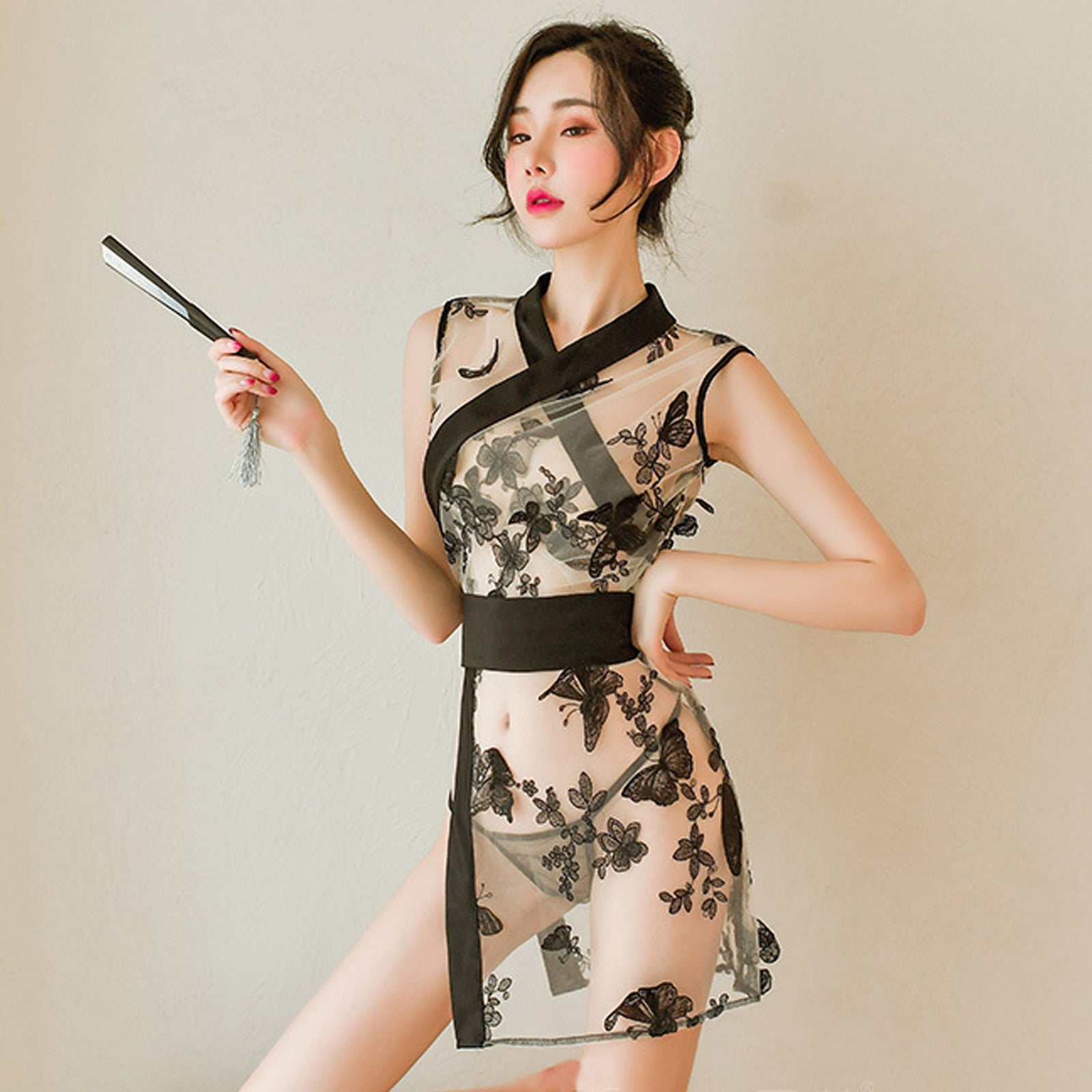 See Through Kimono Robe Japanese Butterfly Embroidery Dressing Gown Lingerie Babydoll Nightwear with G-string