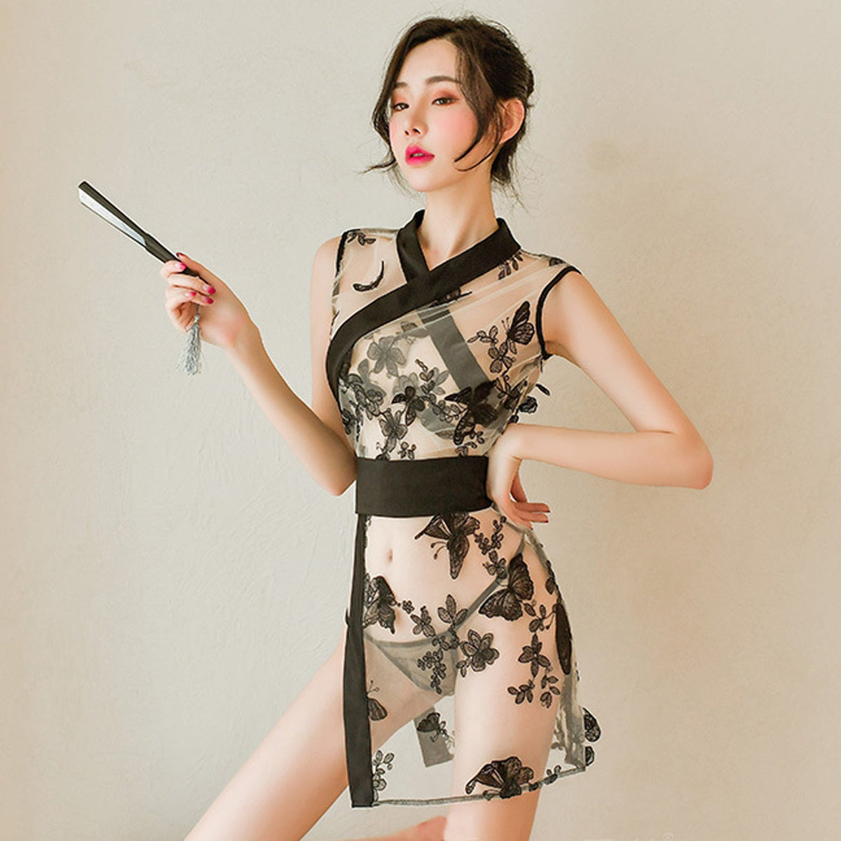 See Through Kimono Robe Japanese Butterfly Embroidery Dressing Gown Lingerie Babydoll Nightwear with G-string