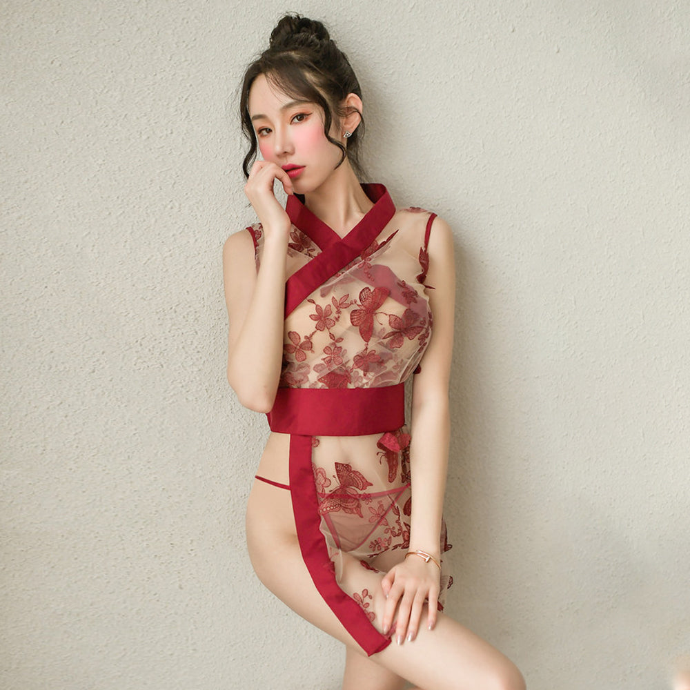 See Through Kimono Robe Japanese Butterfly Embroidery Dressing Gown Lingerie Babydoll Nightwear with G-string