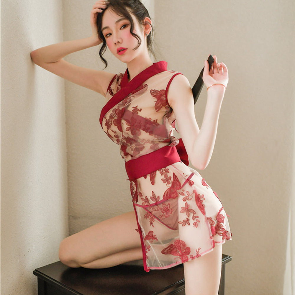See Through Kimono Robe Japanese Butterfly Embroidery Dressing Gown Lingerie Babydoll Nightwear with G-string
