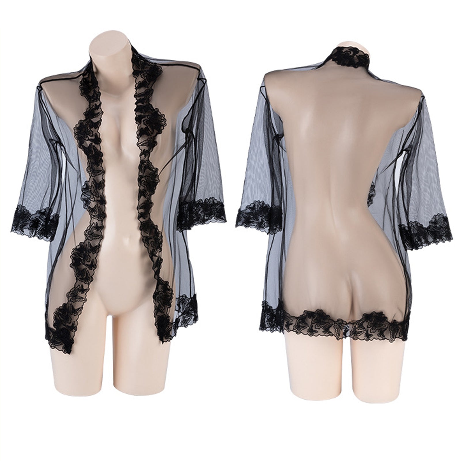 Applique Teddy with Sheer Mesh Robe 2 Piece Crotchless Bodysuit Lingerie Set