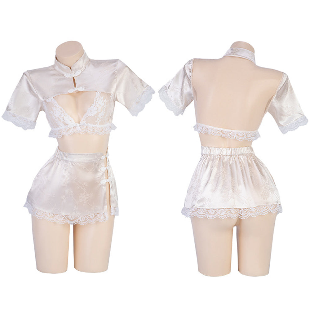Cheongsam Cosplay Lingerie 2 Piece Side Slit Mini Skirt Set Chinese Qipao Costume
