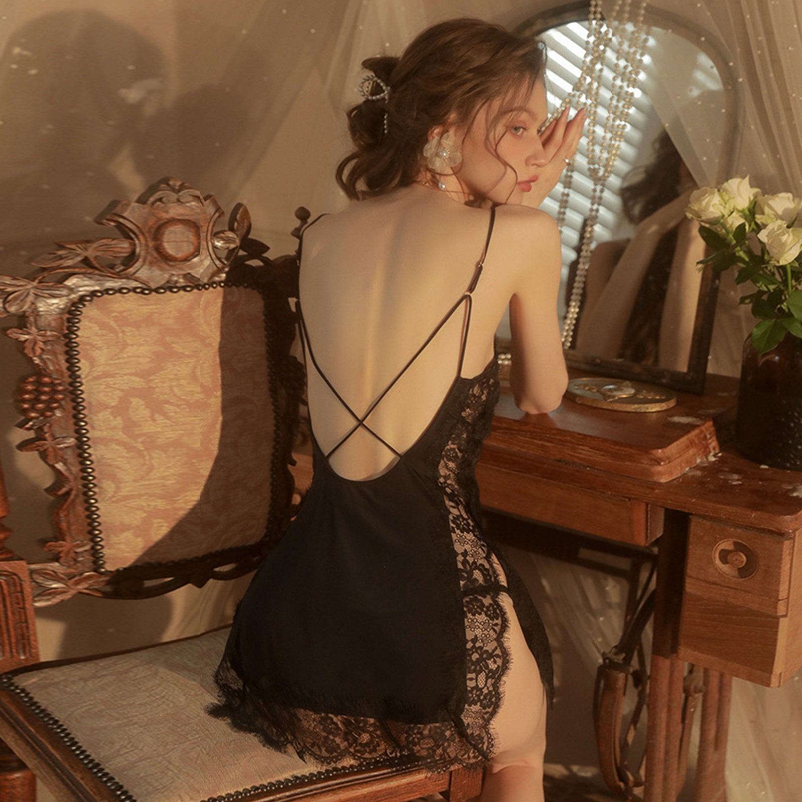Deep V Neck Babydoll Dress Lace Backless Camisole Nightgown Set