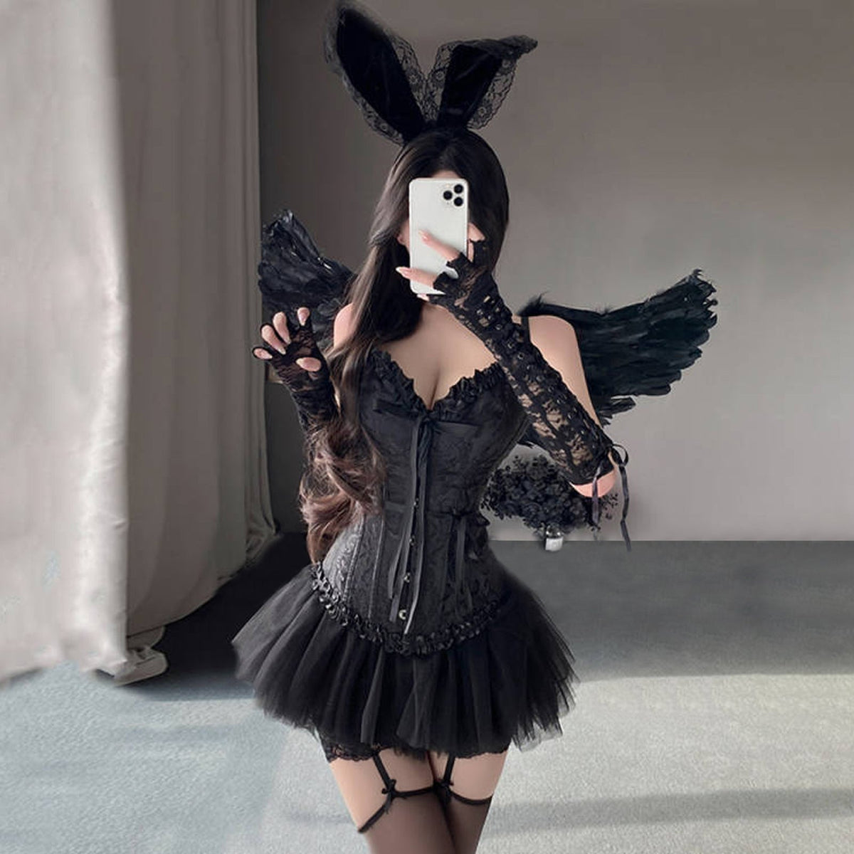Devil Corset Costume Anime Dark Angel Costume Black Sweetheart Lace-Up Corset with Mesh Skirt