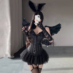 Devil Corset Costume Anime Dark Angel Costume Black Sweetheart Lace-Up Corset with Mesh Skirt
