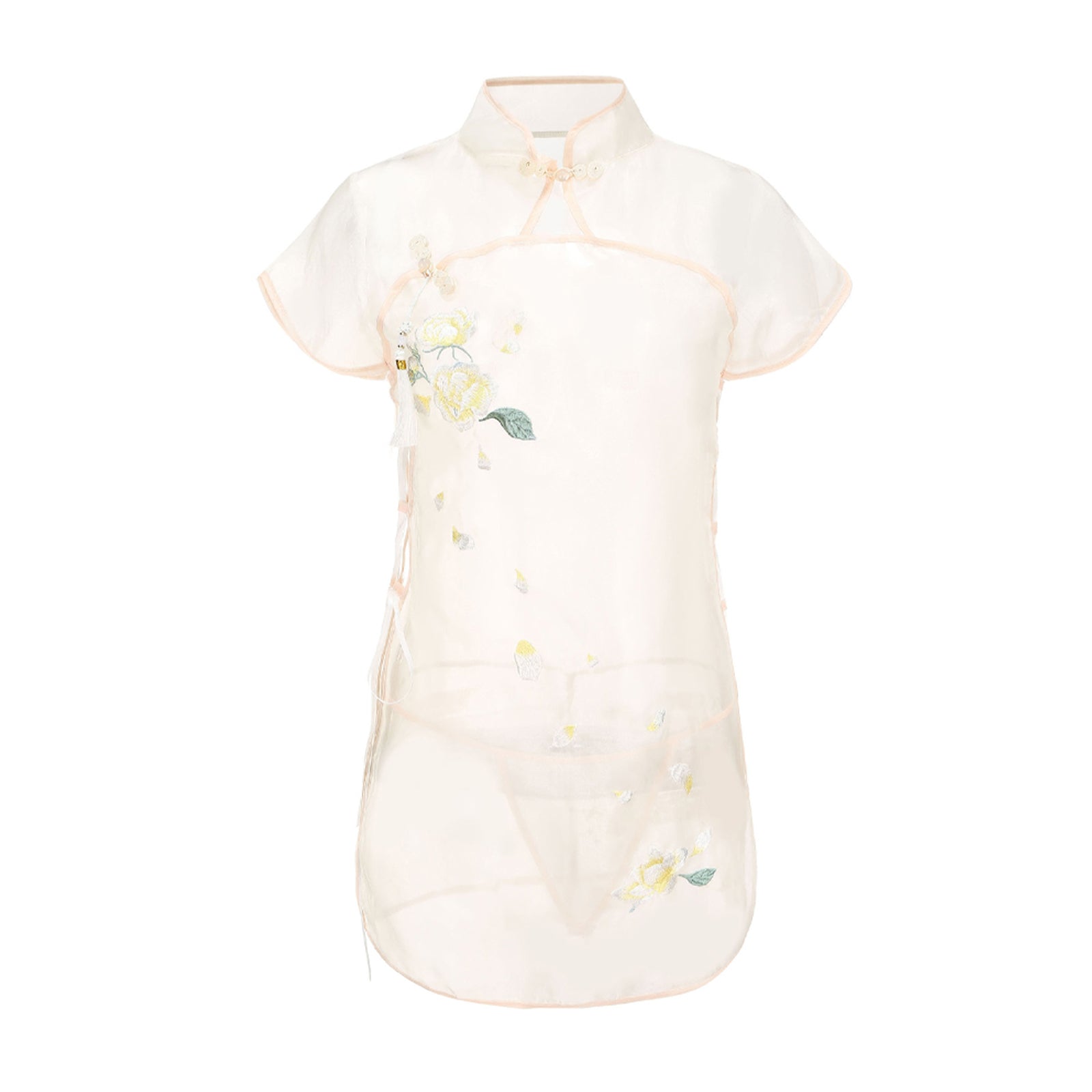 Floral Embroidery Lingerie Dress Sheer Mesh Side Slit Chinese Dresses