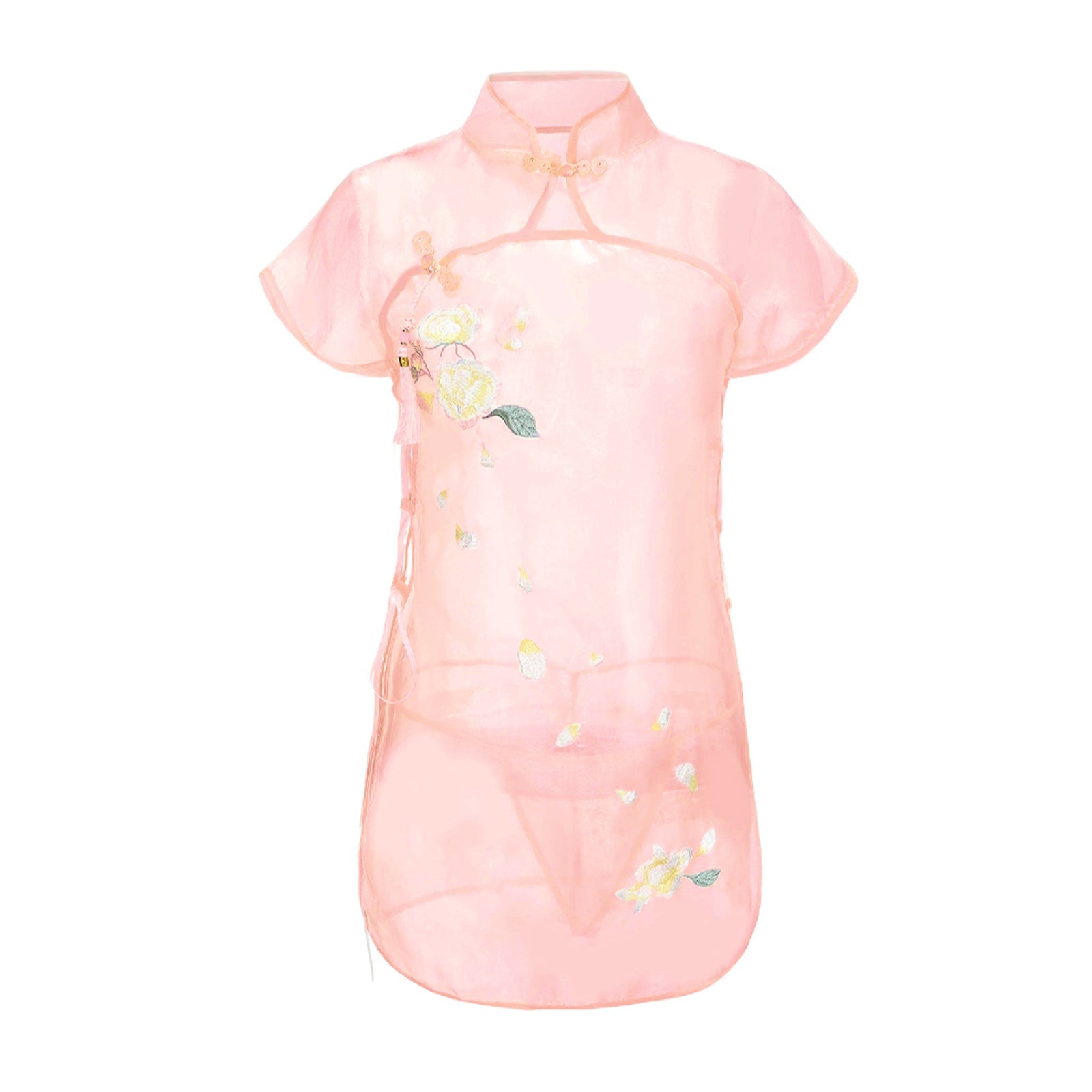 Floral Embroidery Lingerie Dress Sheer Mesh Side Slit Chinese Dresses