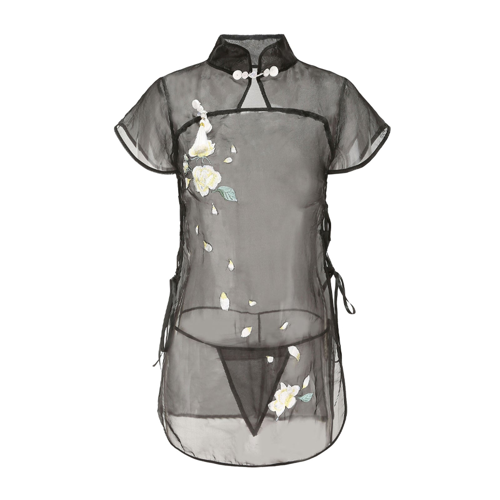 Floral Embroidery Lingerie Dress Sheer Mesh Side Slit Chinese Dresses