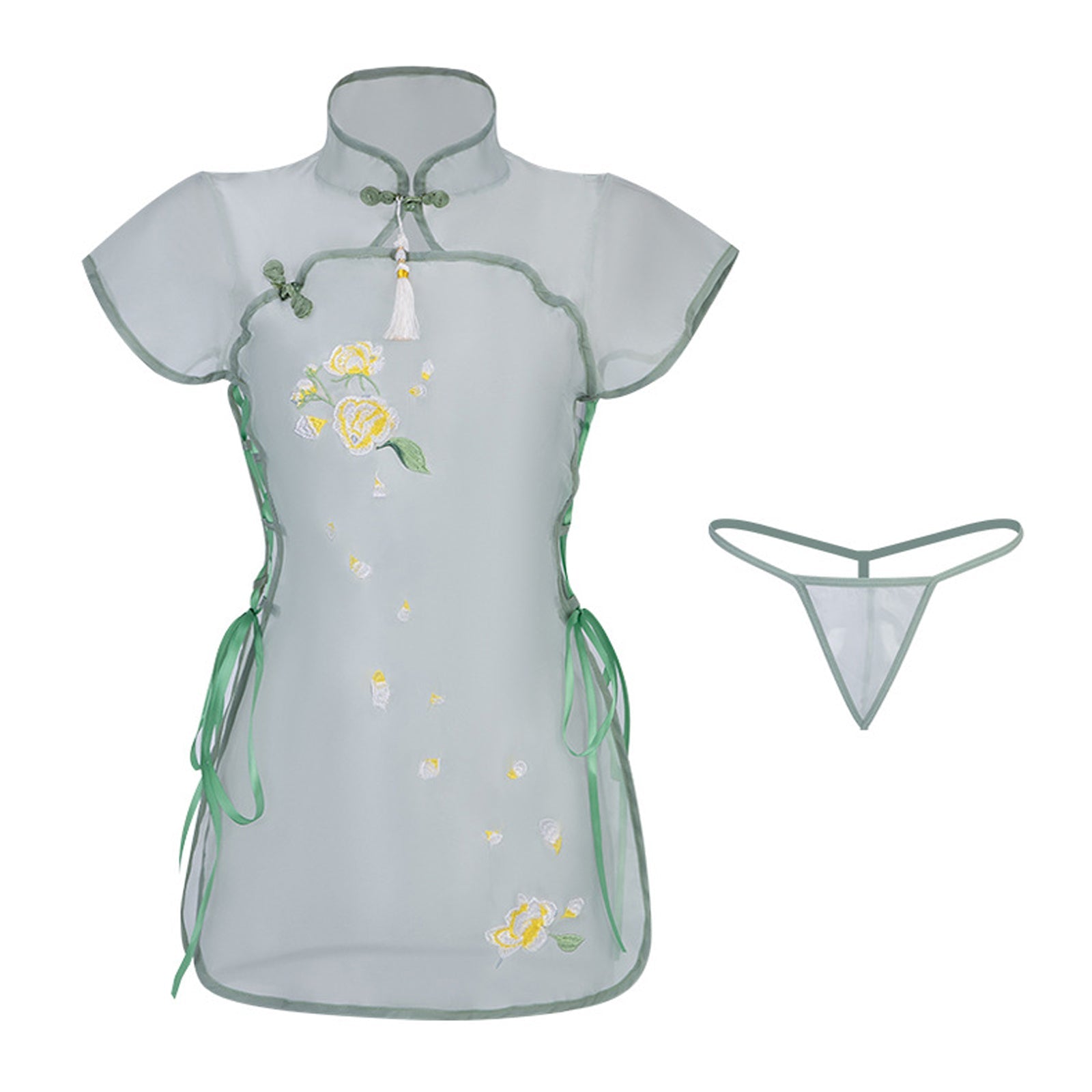 Floral Embroidery Lingerie Dress Sheer Mesh Side Slit Chinese Dresses