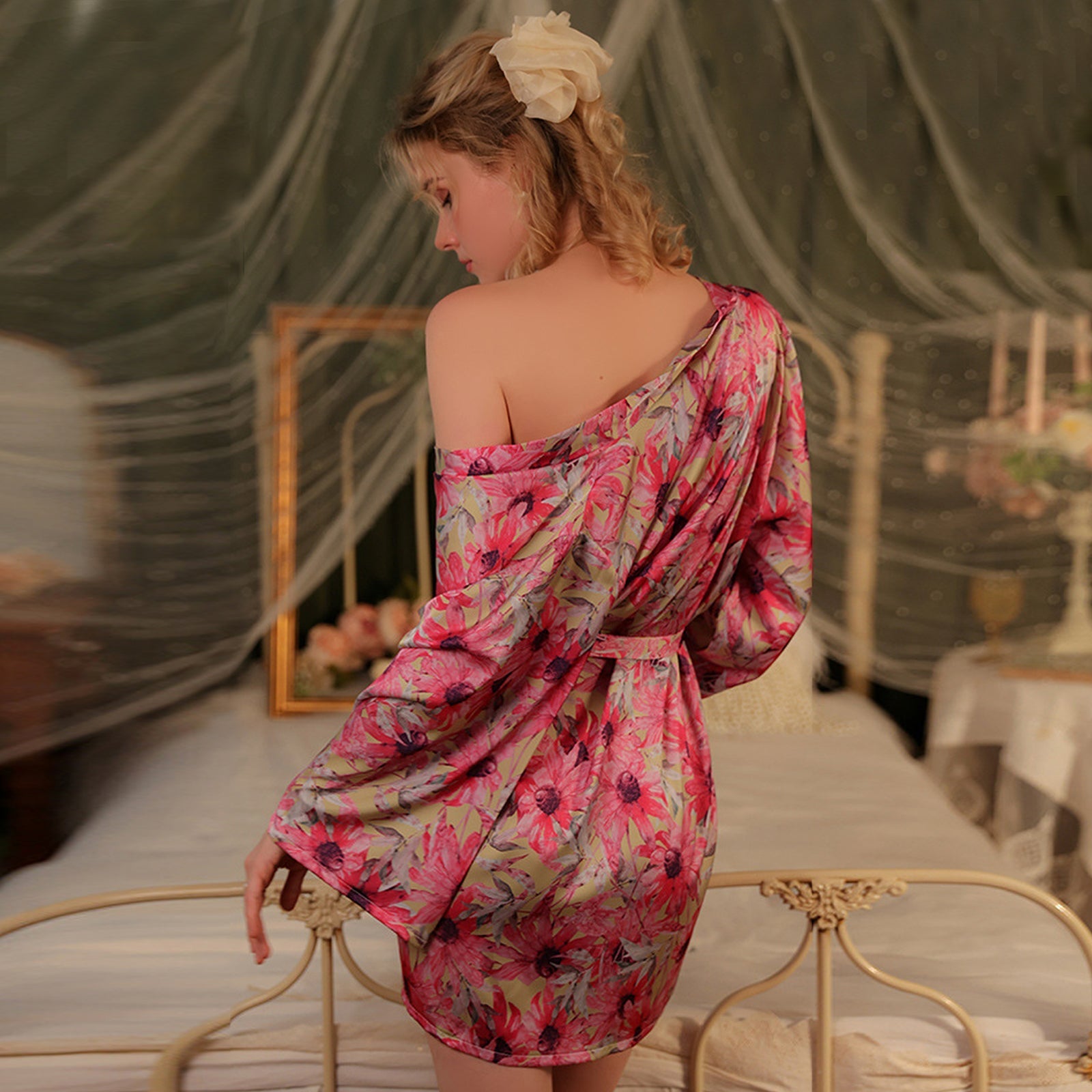 Japanese Kimono Satin Bloom Print Robe Yukata Costumes Pajamas