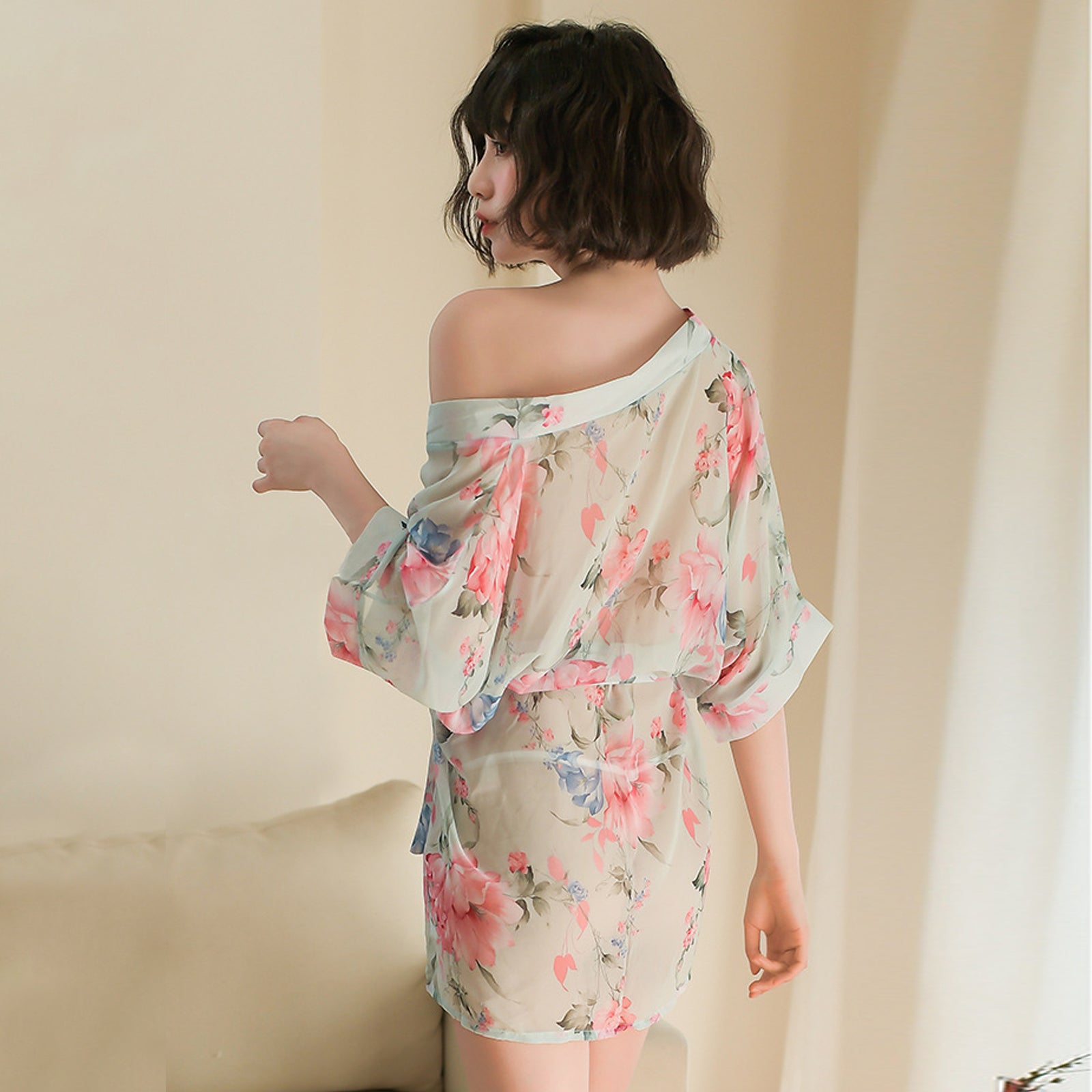 Kimono Dress See Through Chiffon Lingerie Robe Floral Print Cover Up Top