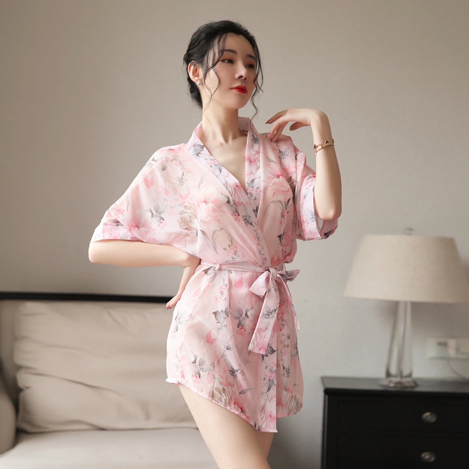 Kimono Dress See Through Chiffon Lingerie Robe Floral Print Cover Up Top