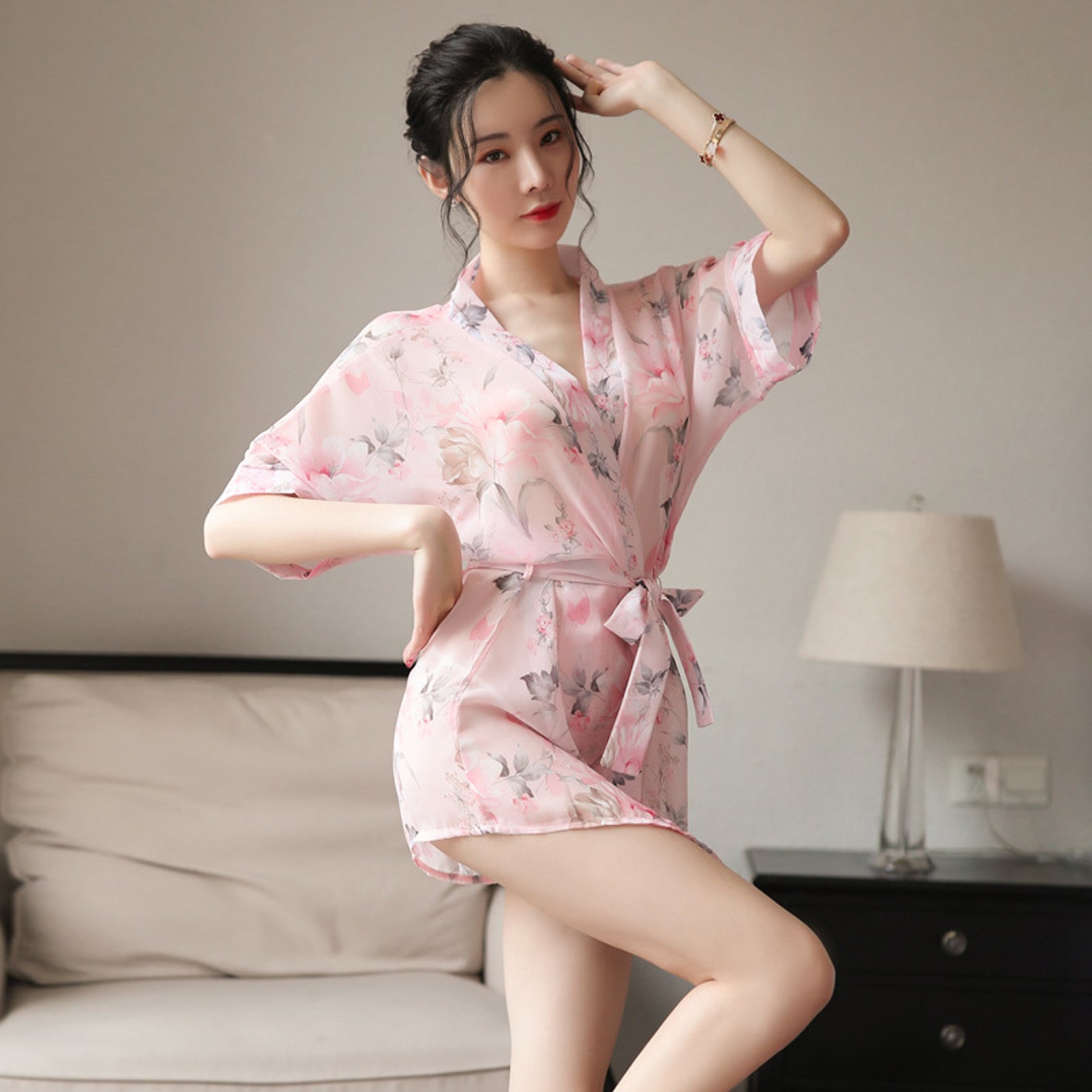 Kimono Dress See Through Chiffon Lingerie Robe Floral Print Cover Up Top