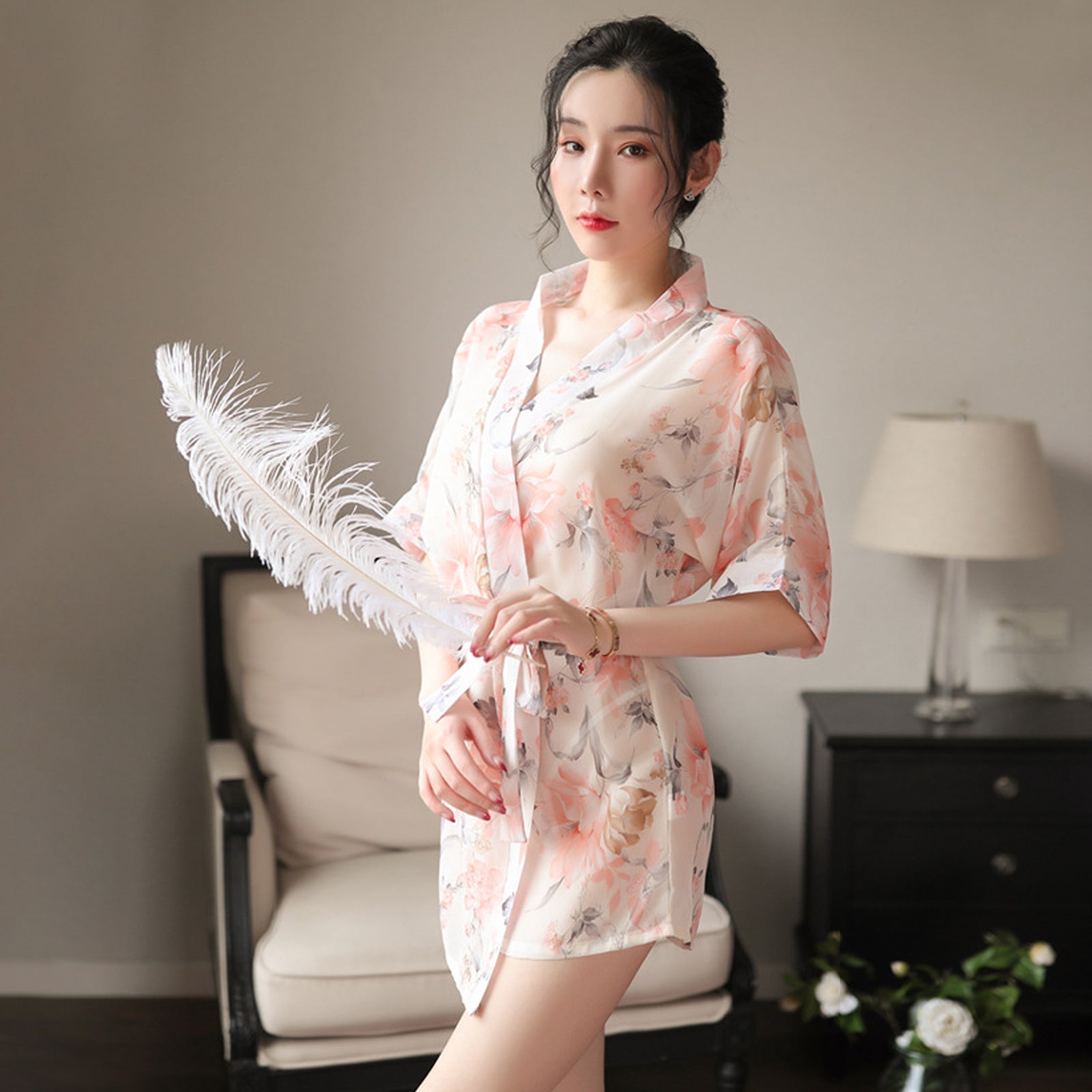 Kimono Dress See Through Chiffon Lingerie Robe Floral Print Cover Up Top
