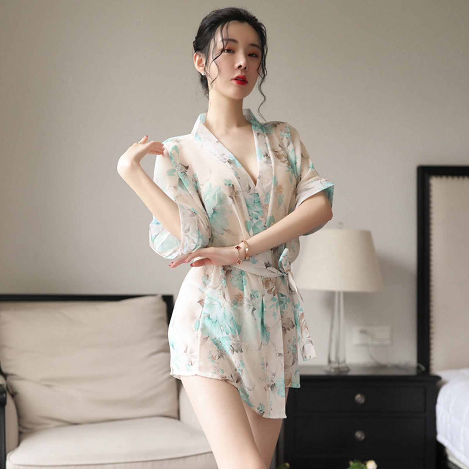 Kimono Dress See Through Chiffon Lingerie Robe Floral Print Cover Up Top