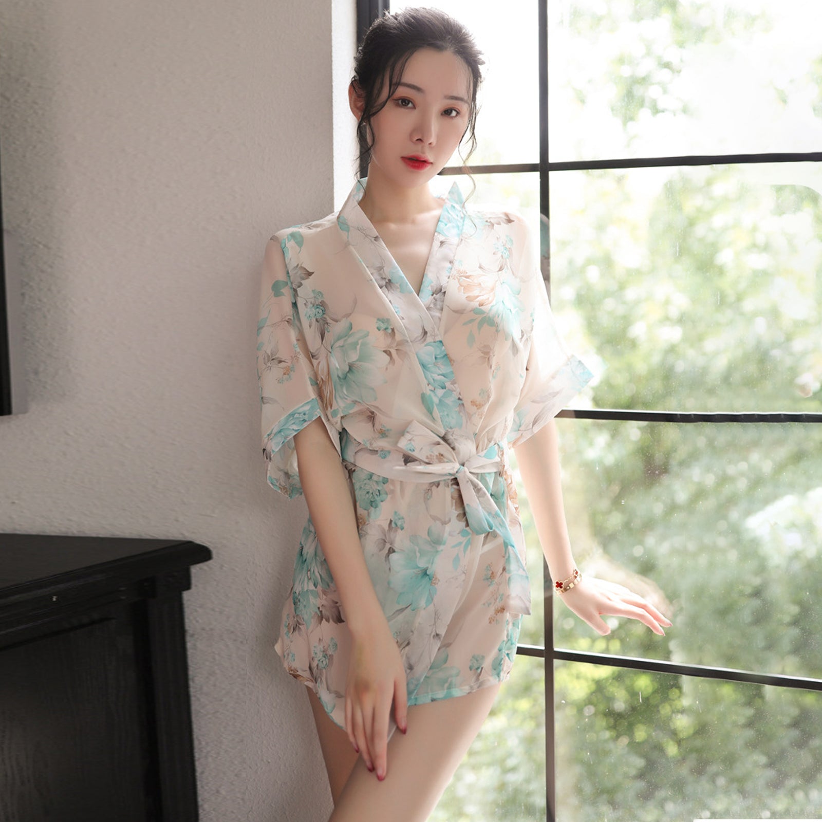 Kimono Dress See Through Chiffon Lingerie Robe Floral Print Cover Up Top