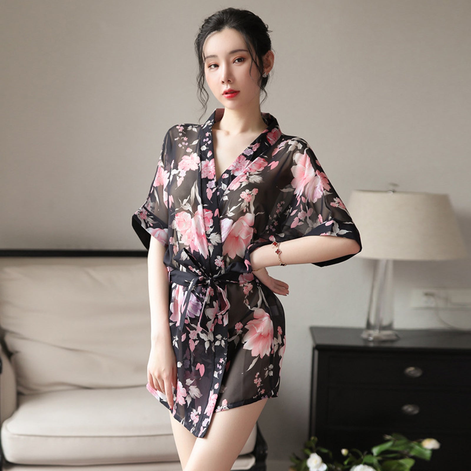 Kimono Dress See Through Chiffon Lingerie Robe Floral Print Cover Up Top