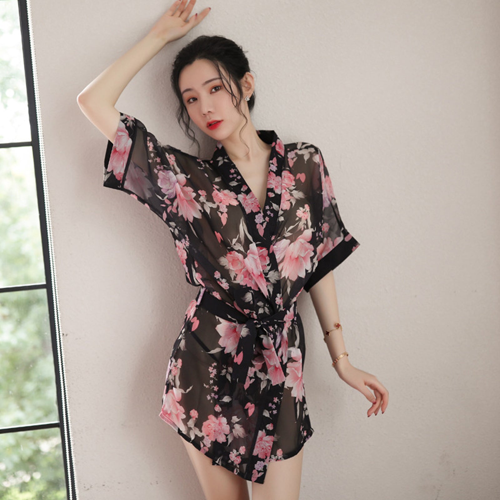 Kimono Dress See Through Chiffon Lingerie Robe Floral Print Cover Up Top