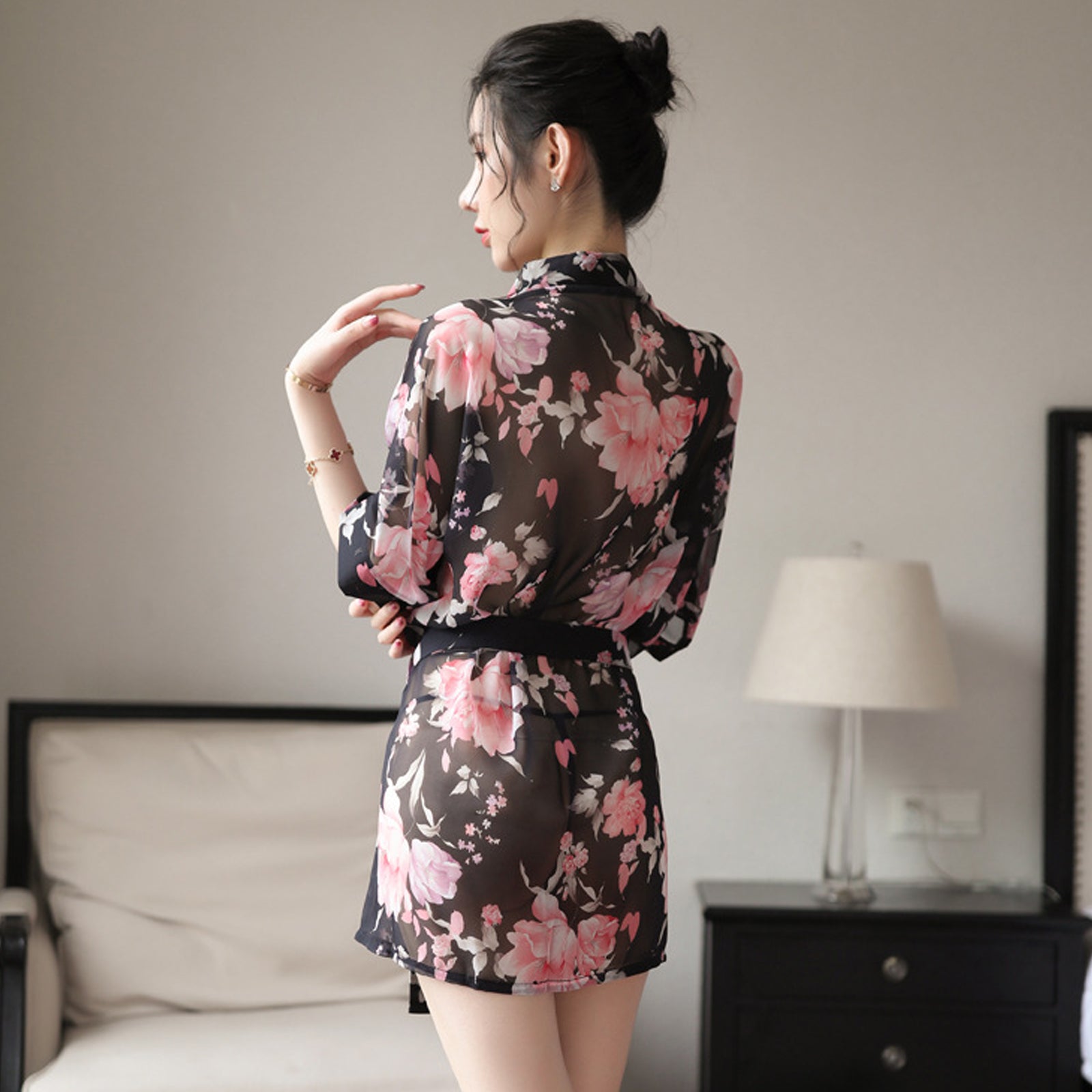 Kimono Dress See Through Chiffon Lingerie Robe Floral Print Cover Up Top