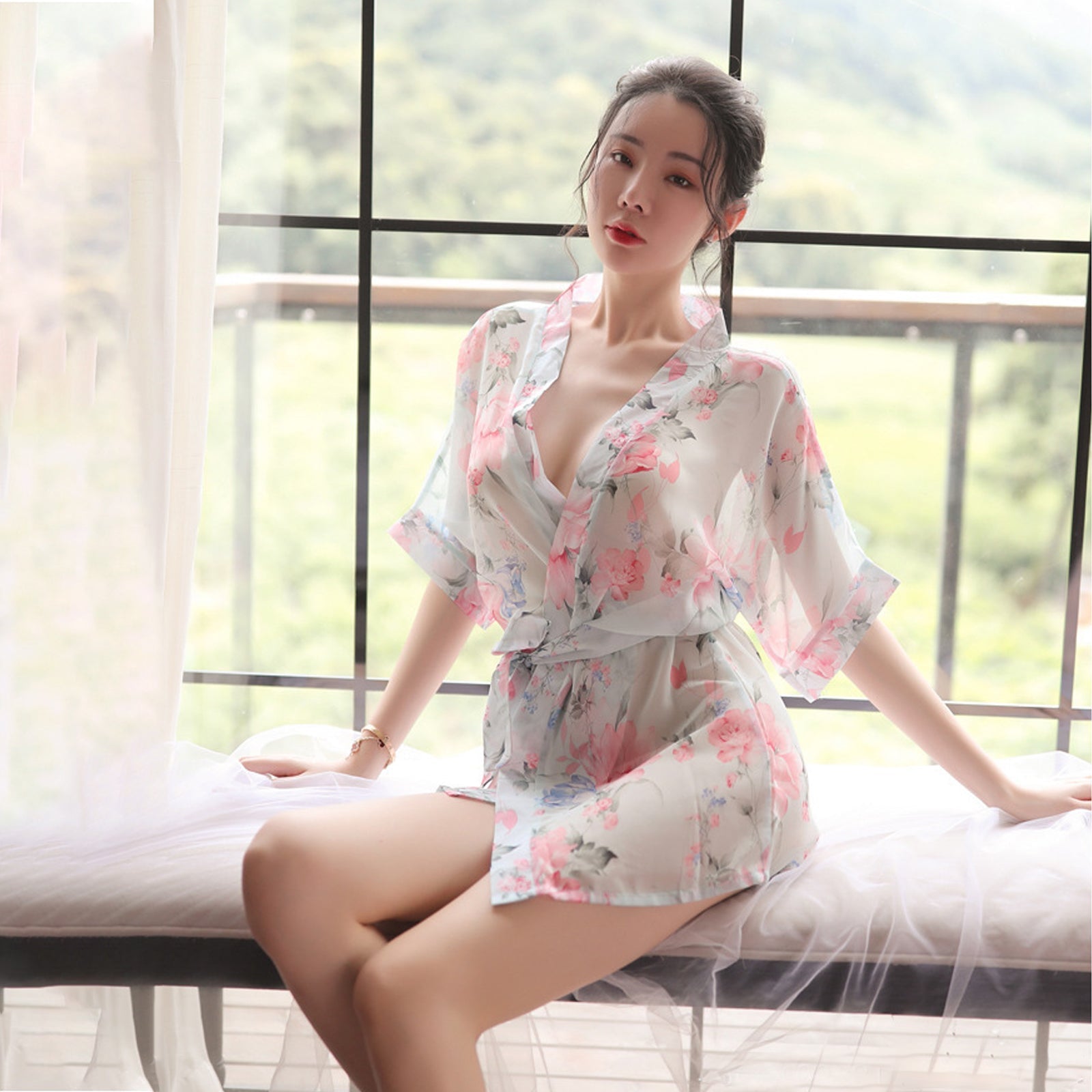 Kimono Dress See Through Chiffon Lingerie Robe Floral Print Cover Up Top