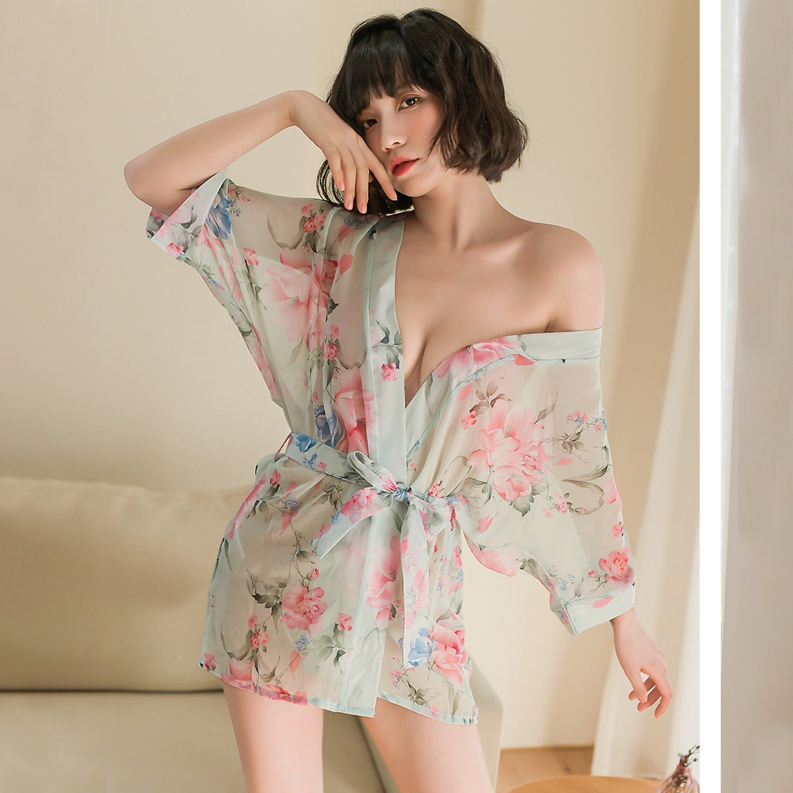 Kimono Dress See Through Chiffon Lingerie Robe Floral Print Cover Up Top
