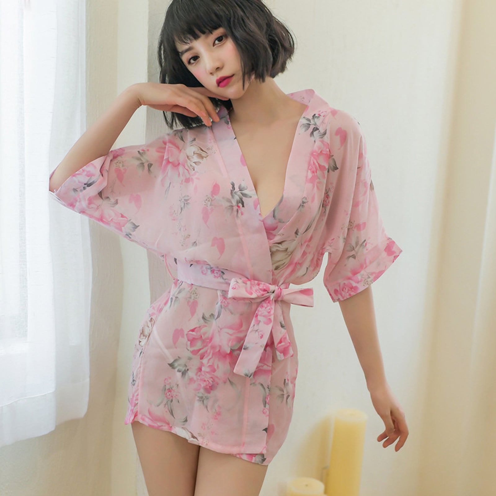 Kimono Dress See Through Chiffon Lingerie Robe Floral Print Cover Up Top