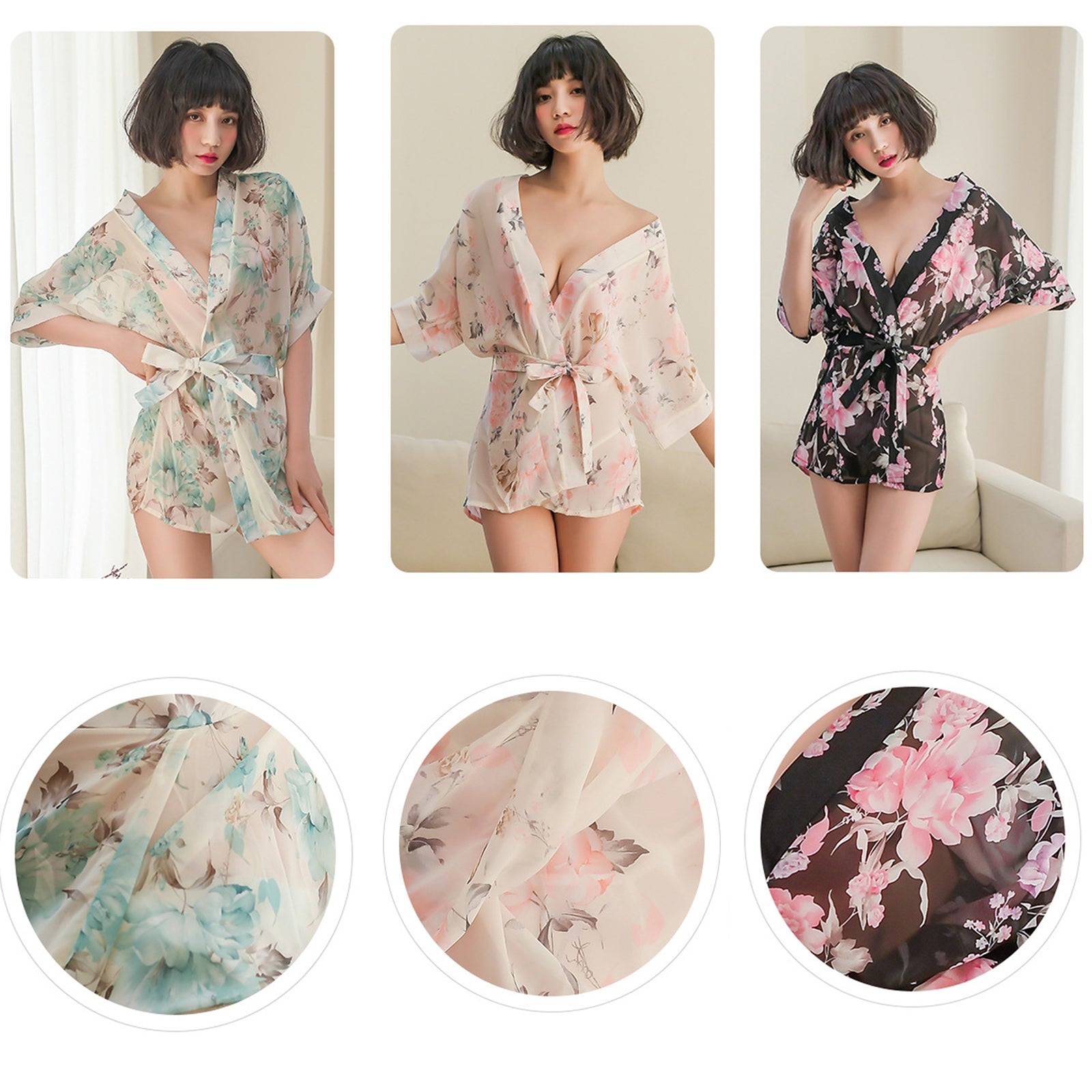 Kimono Dress See Through Chiffon Lingerie Robe Floral Print Cover Up Top