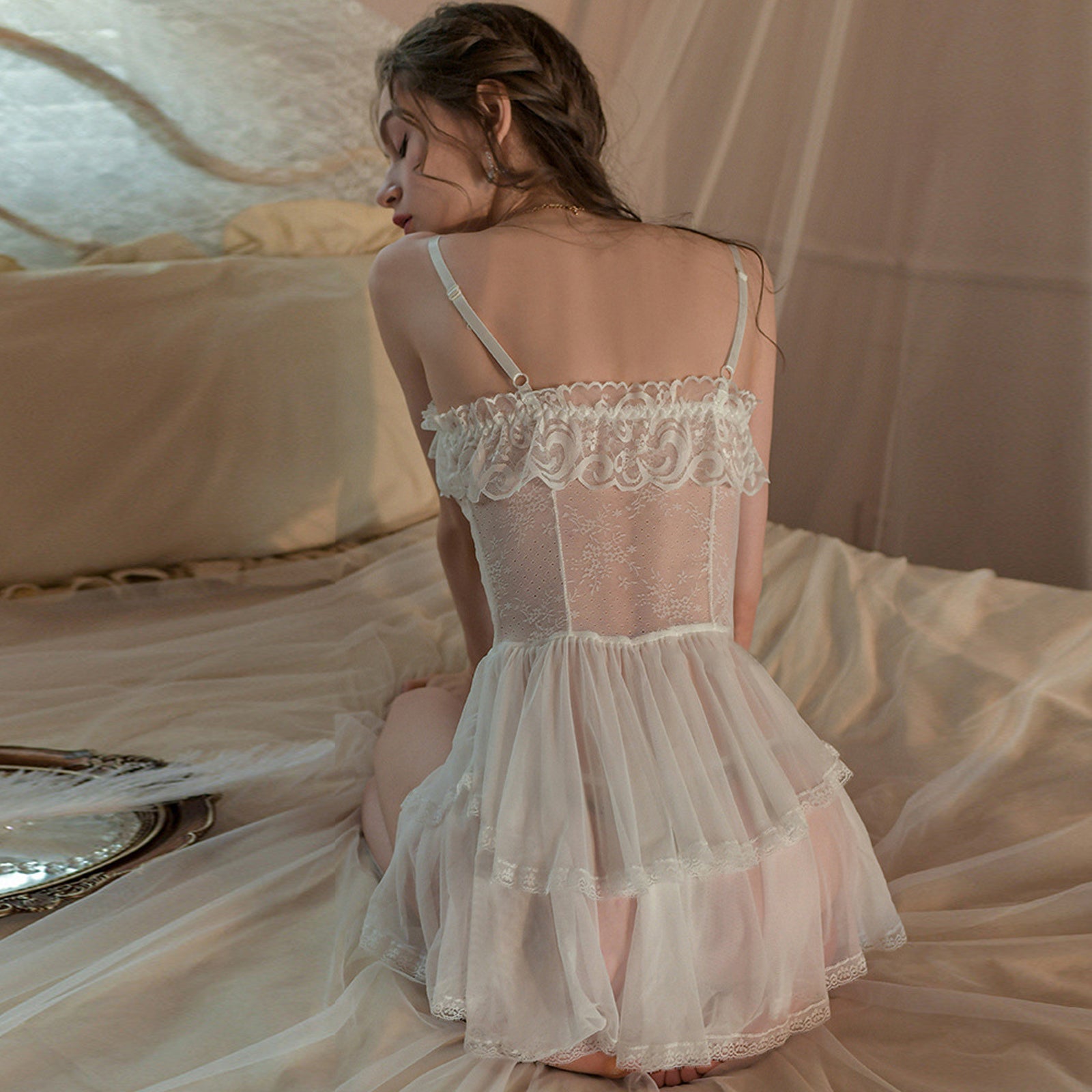 Lace Babydoll Lingerie See Through Bridal Lace-Up Nightgown