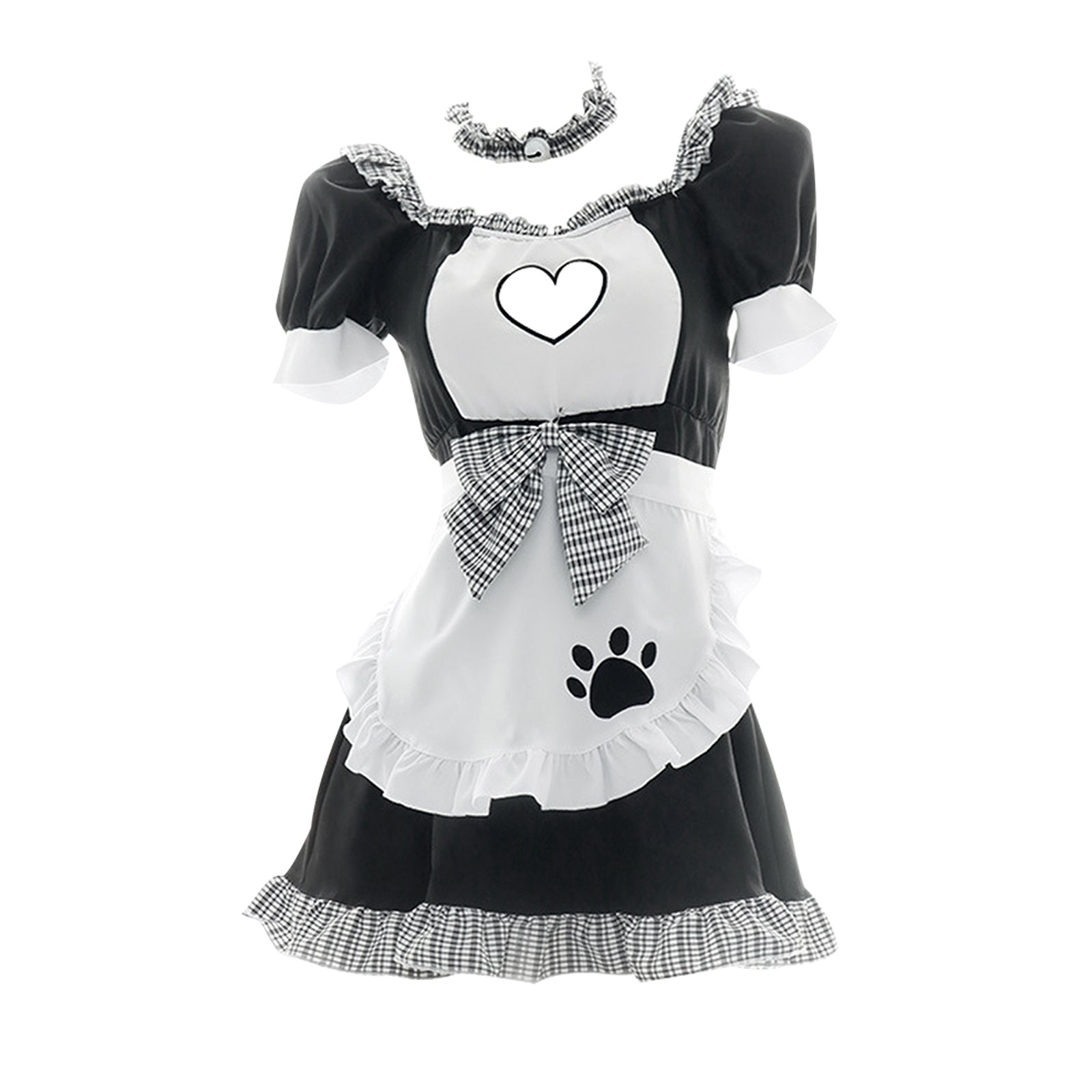 French Maid Costume Ruffle Trim Maid Fancy Dress Cat Paw Print Waitress Roleplay Uniform