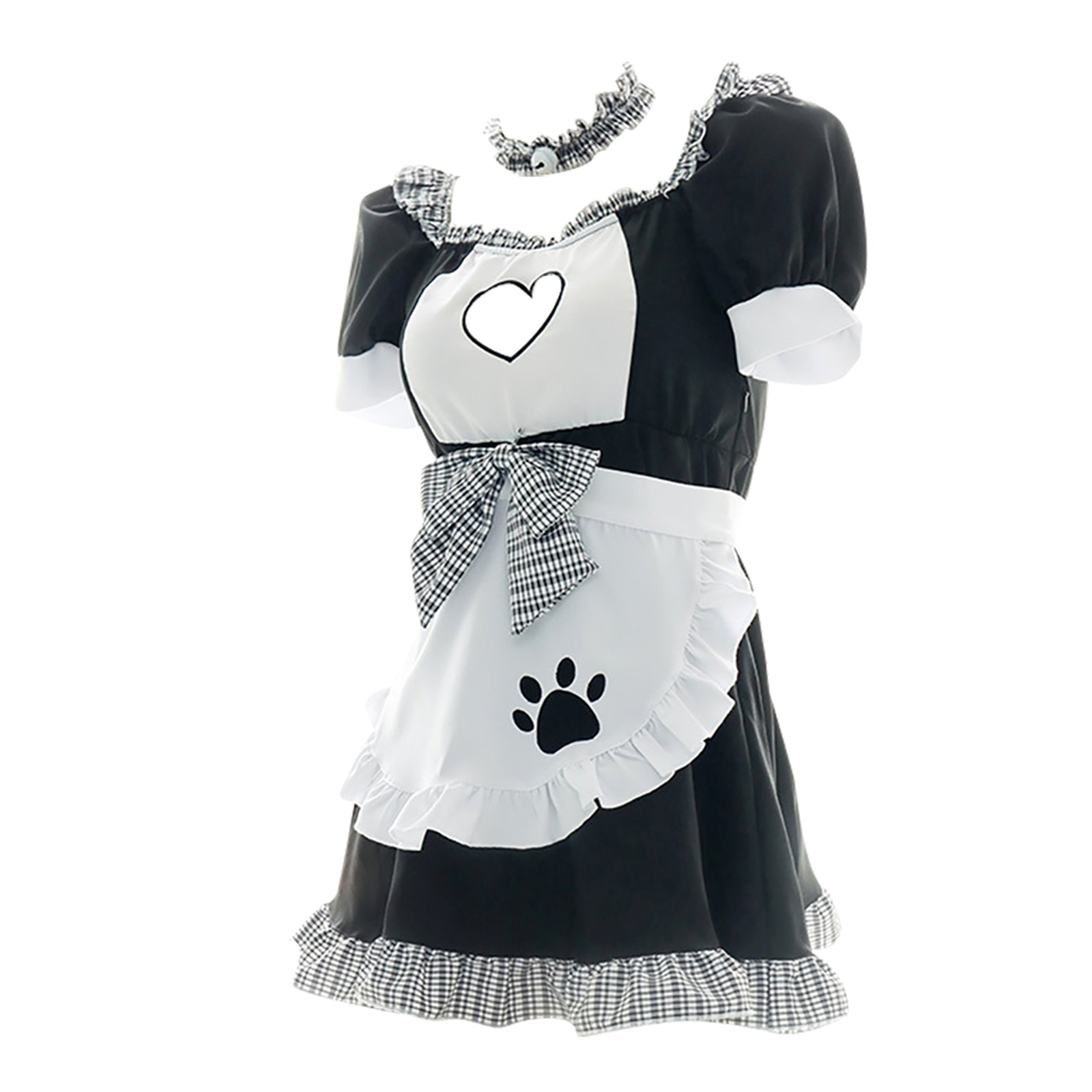 French Maid Costume Ruffle Trim Maid Fancy Dress Cat Paw Print Waitress Roleplay Uniform