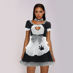 French Maid Costume Ruffle Trim Maid Fancy Dress Cat Paw Print Waitress Roleplay Uniform