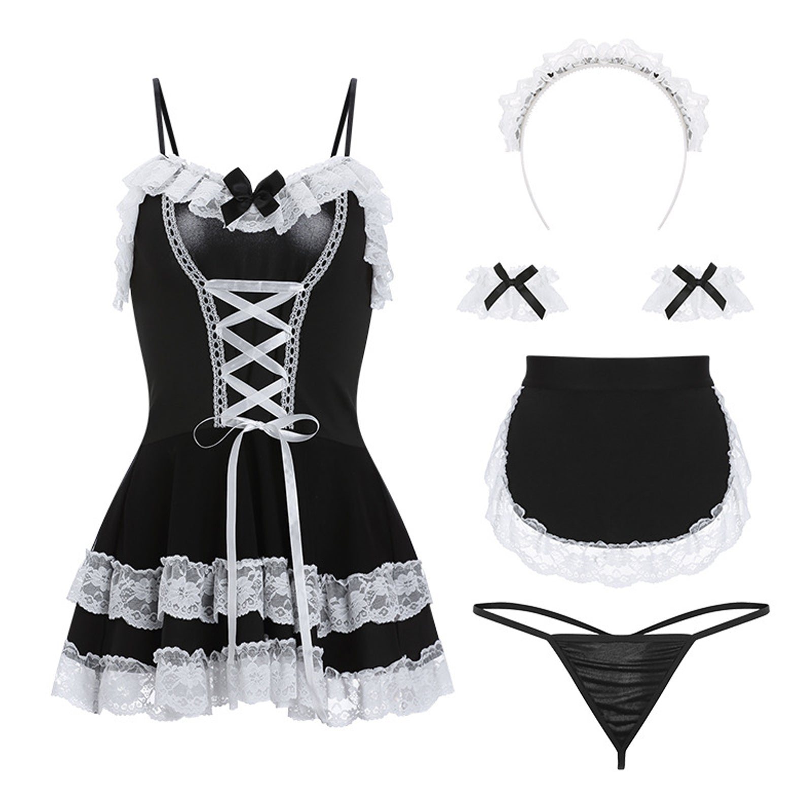 Maid Outfit French Maid Cosplay Costumes Black Lace Trim Lingerie Dress