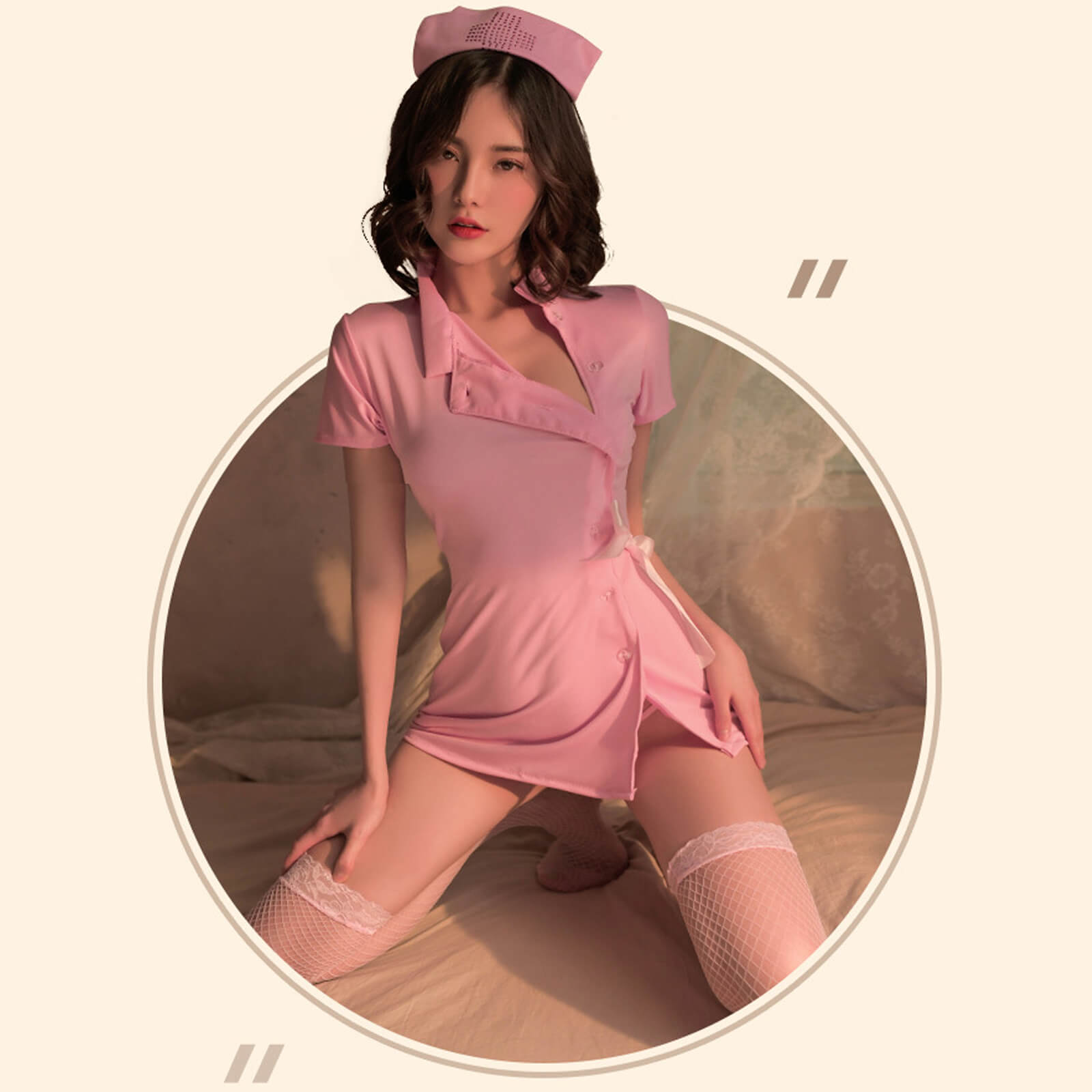 Nurse Lingerie Costume Pink Button Front Nurse Cosplay Uniform